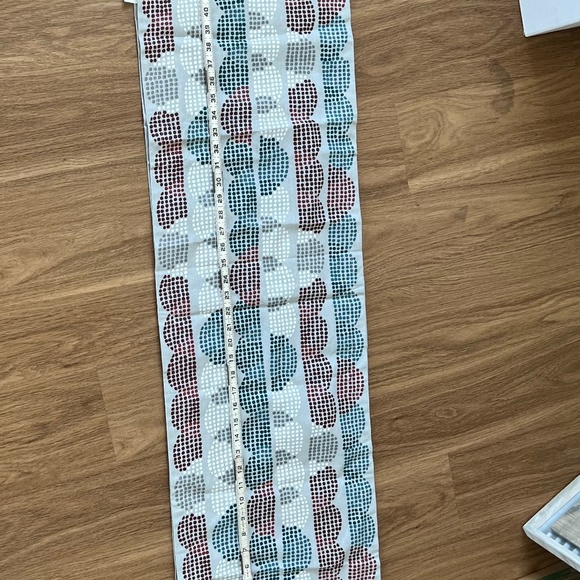 14X90 Crate&Barrel table runner, NWOT, grey with white red and blue pattern - Picture 1 of 7